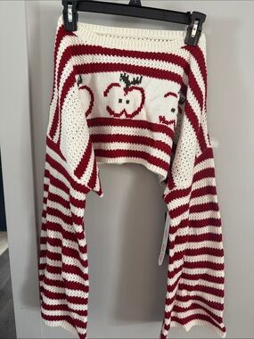 SHEIN Red & White Striped Off-Shoulder Apple Knit Sweater